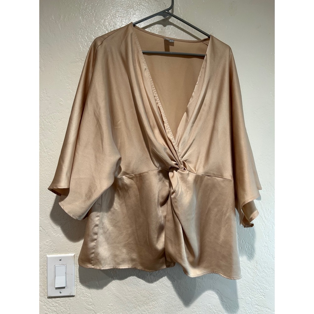 ASOS Womens‎ Twist Front Kimono Sleeve Satin Blouse Champagne Gold V-Neck Top 14